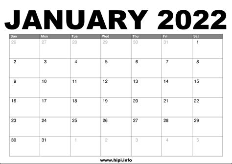 Printable Calendar 2022 January